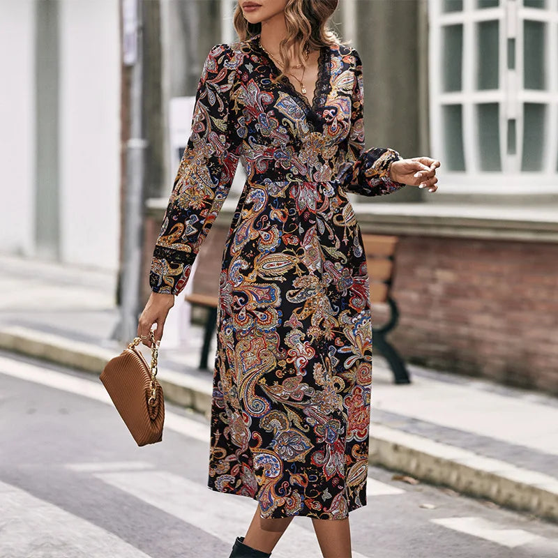 V-Neck Long Sleeve Lace Trim Paisley Print A-Line Midi Dress 3