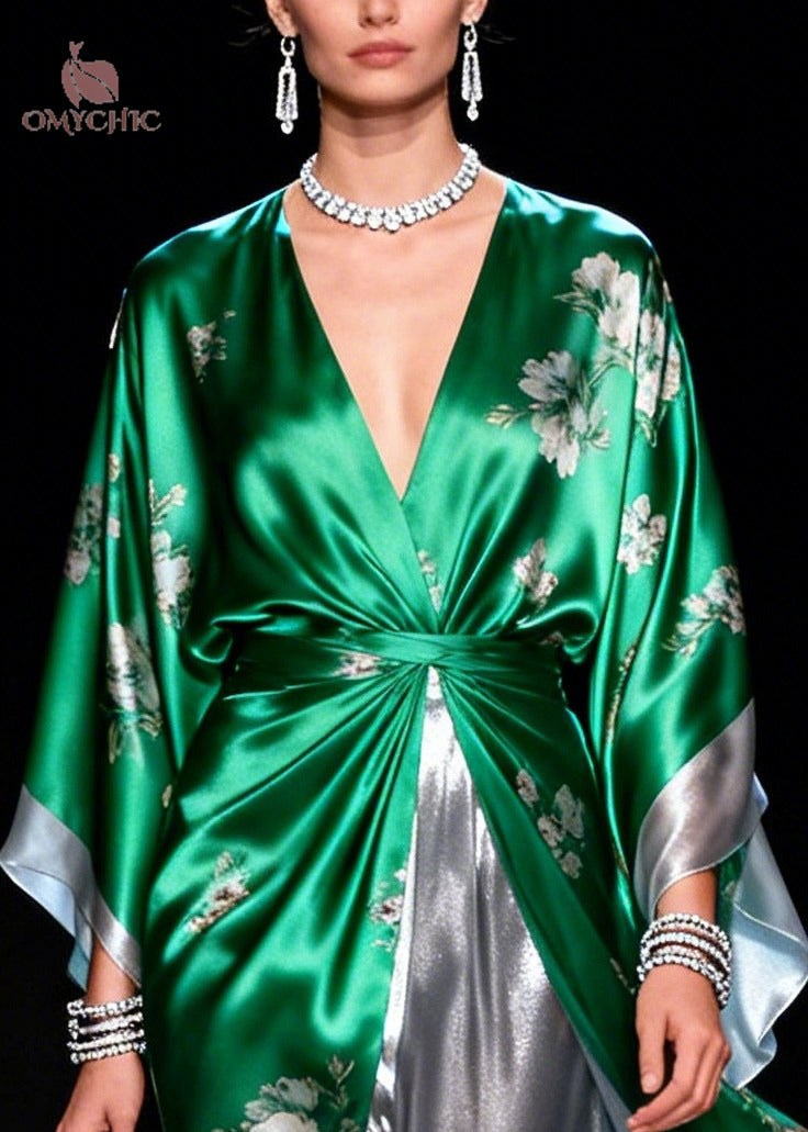Floral Print Sleeve Wrap Knot Waist Metallic Lining Maxi Gown - View 2