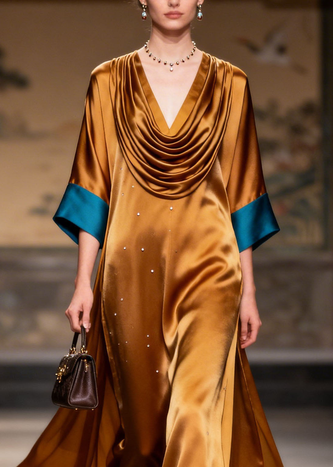 Satin Rhinestone Cowl Neck Contrast Cuff Wide Sleeve Maxi Gown - View 2