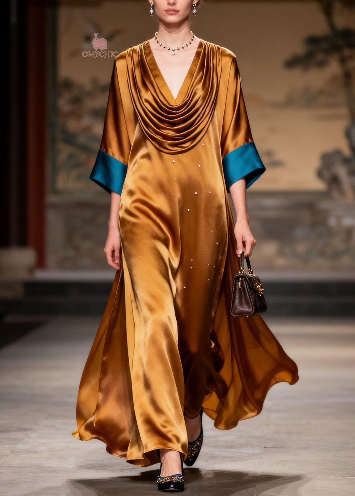 Satin Rhinestone Cowl Neck Contrast Cuff Wide Sleeve Maxi Gown - View 3