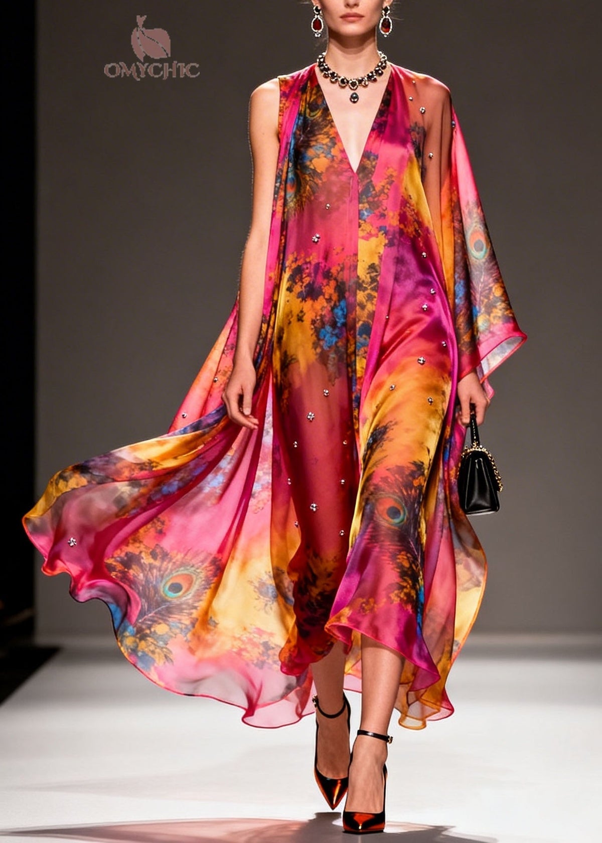 Peacock Print Deep V-Neck Sleeveless Studded Chiffon Cape Maxi Gown - View 5