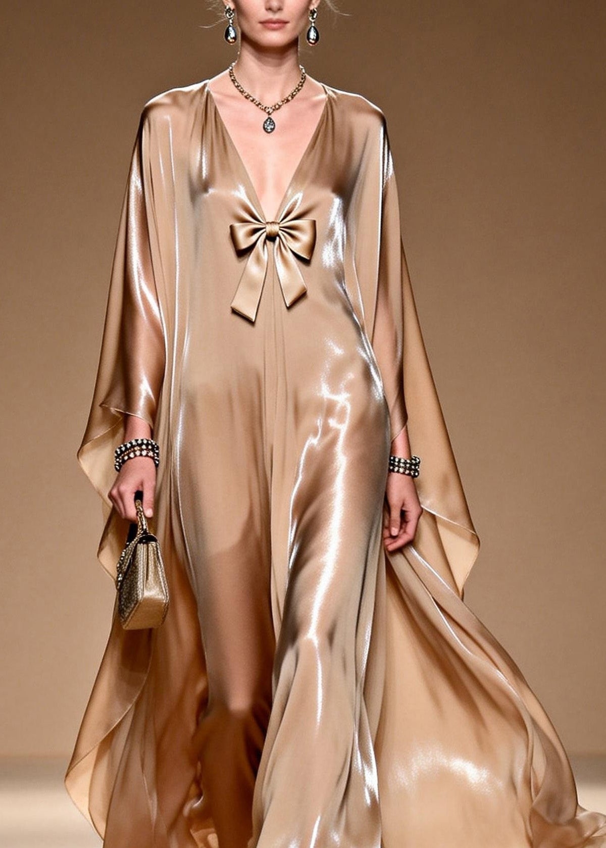 Satin Deep V-Neck Bow Trim Cape Sleeve Kaftan Maxi Gown - View 2