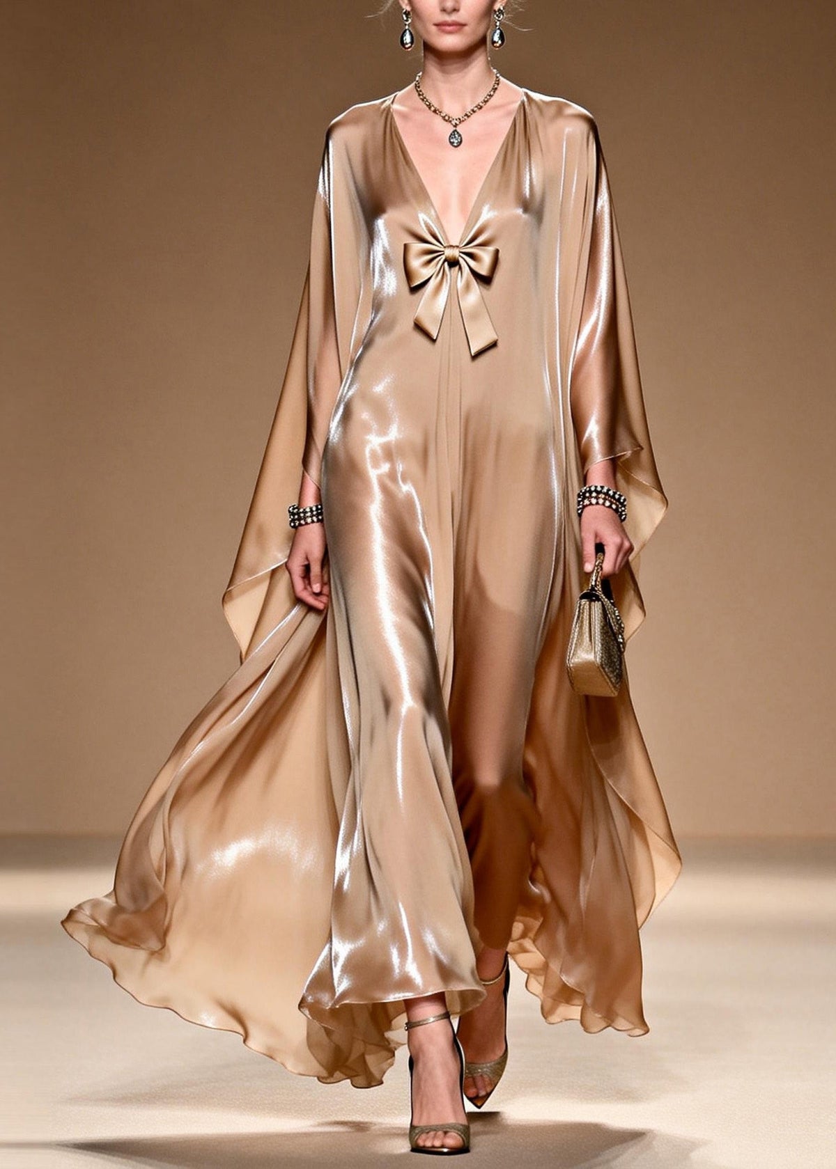 Satin Deep V-Neck Bow Trim Cape Sleeve Kaftan Maxi Gown - View 3
