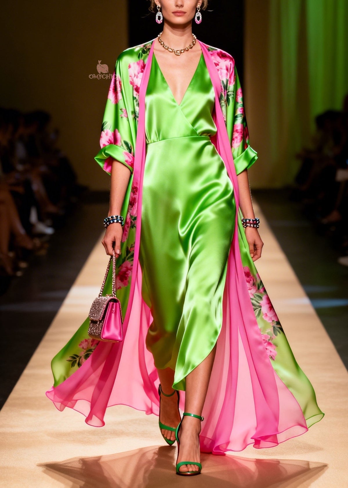 Deep V-Neck Wrap Midi Floral Print Open Front Lined Robe Set