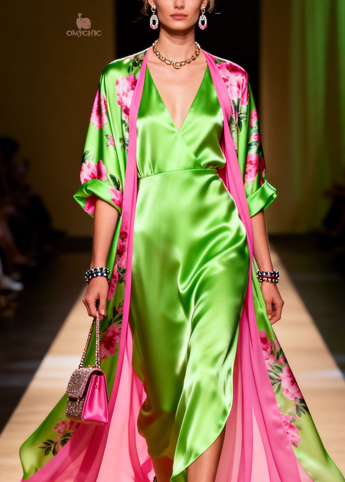 Deep V-Neck Wrap Midi Floral Print Open Front Lined Robe Set - View 2