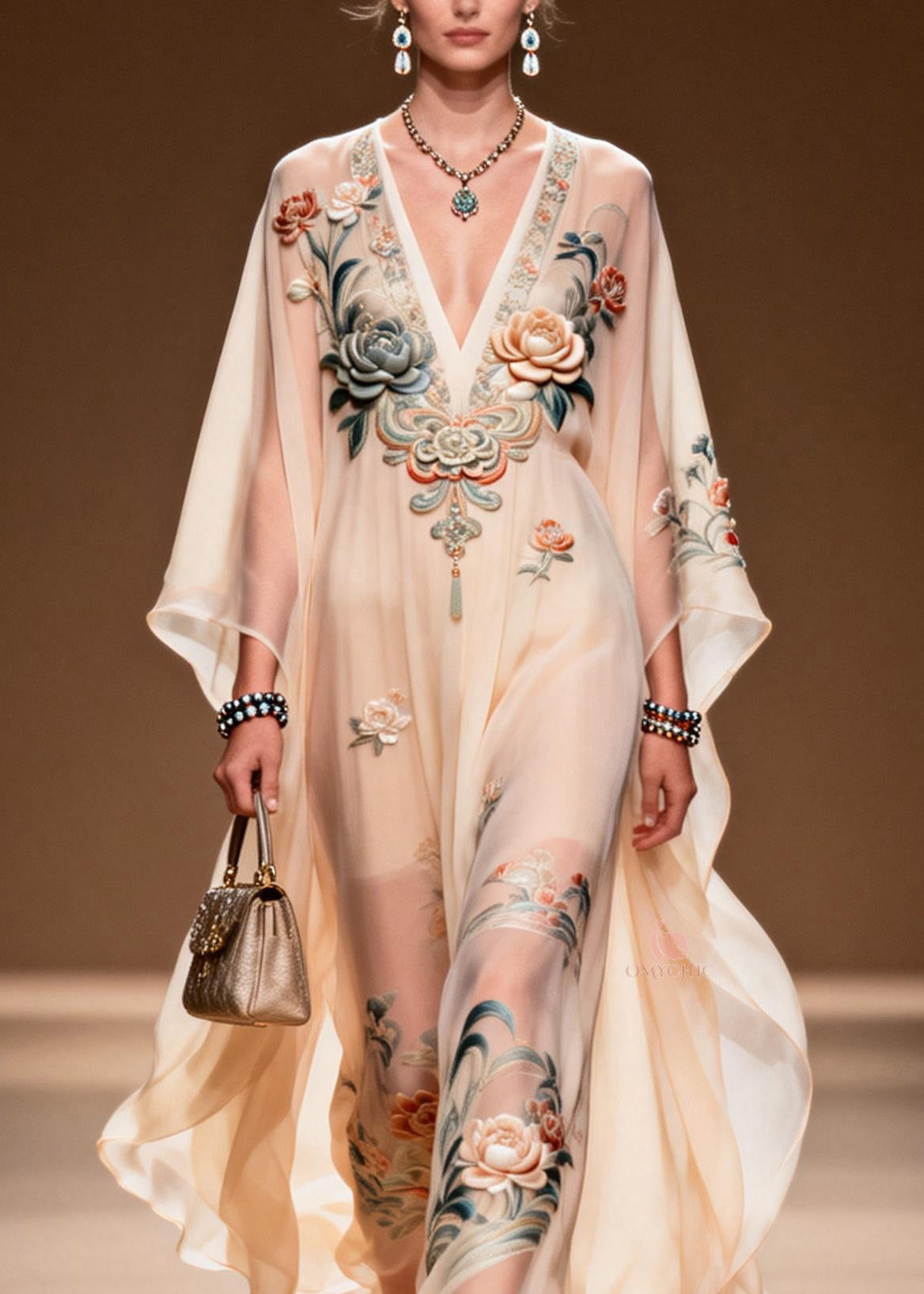 Floral Embroidered Butterfly Deep V-Neck Ruffled Hem Maxi Dress - View 2