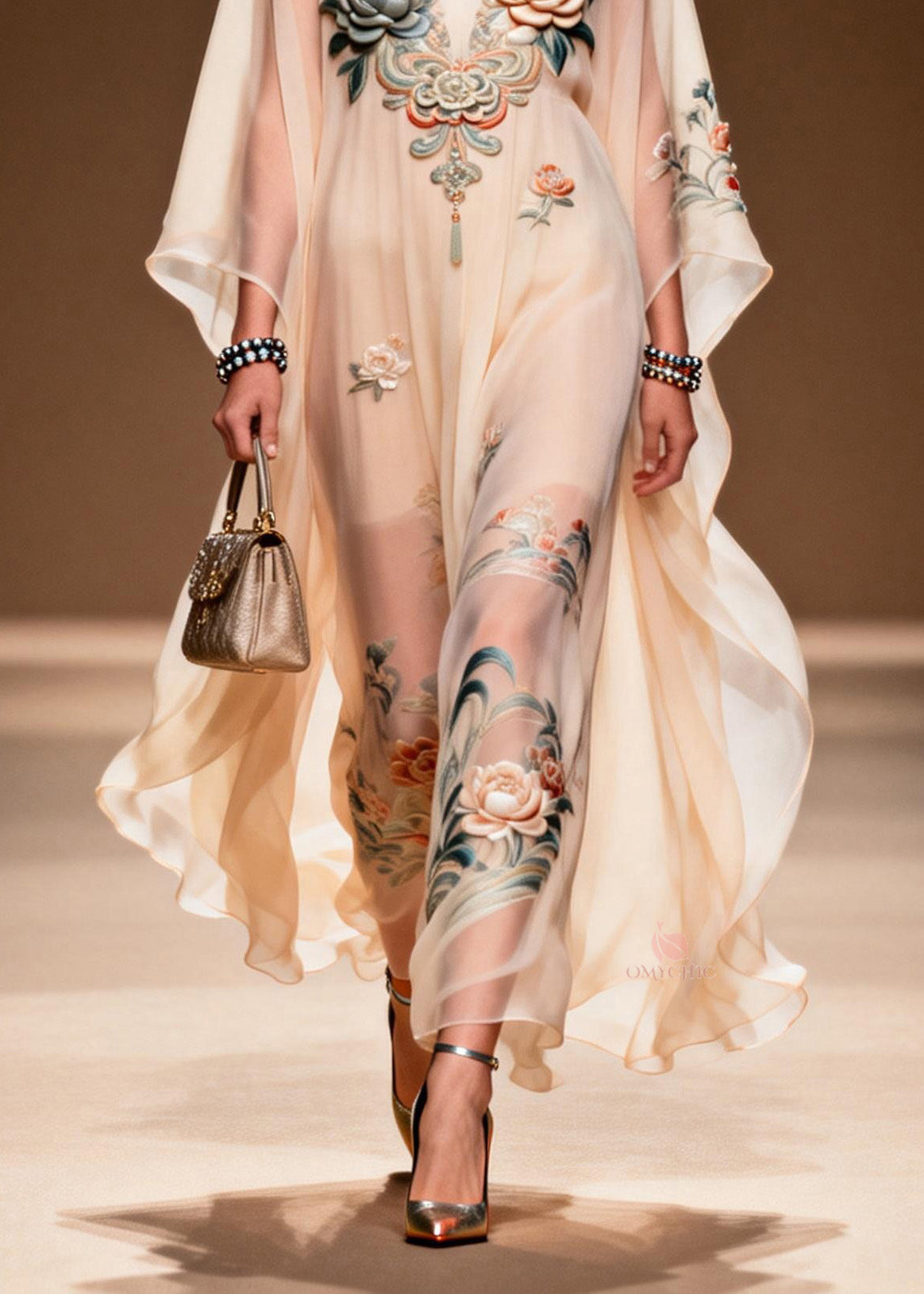 Floral Embroidered Butterfly Deep V-Neck Ruffled Hem Maxi Dress - View 4