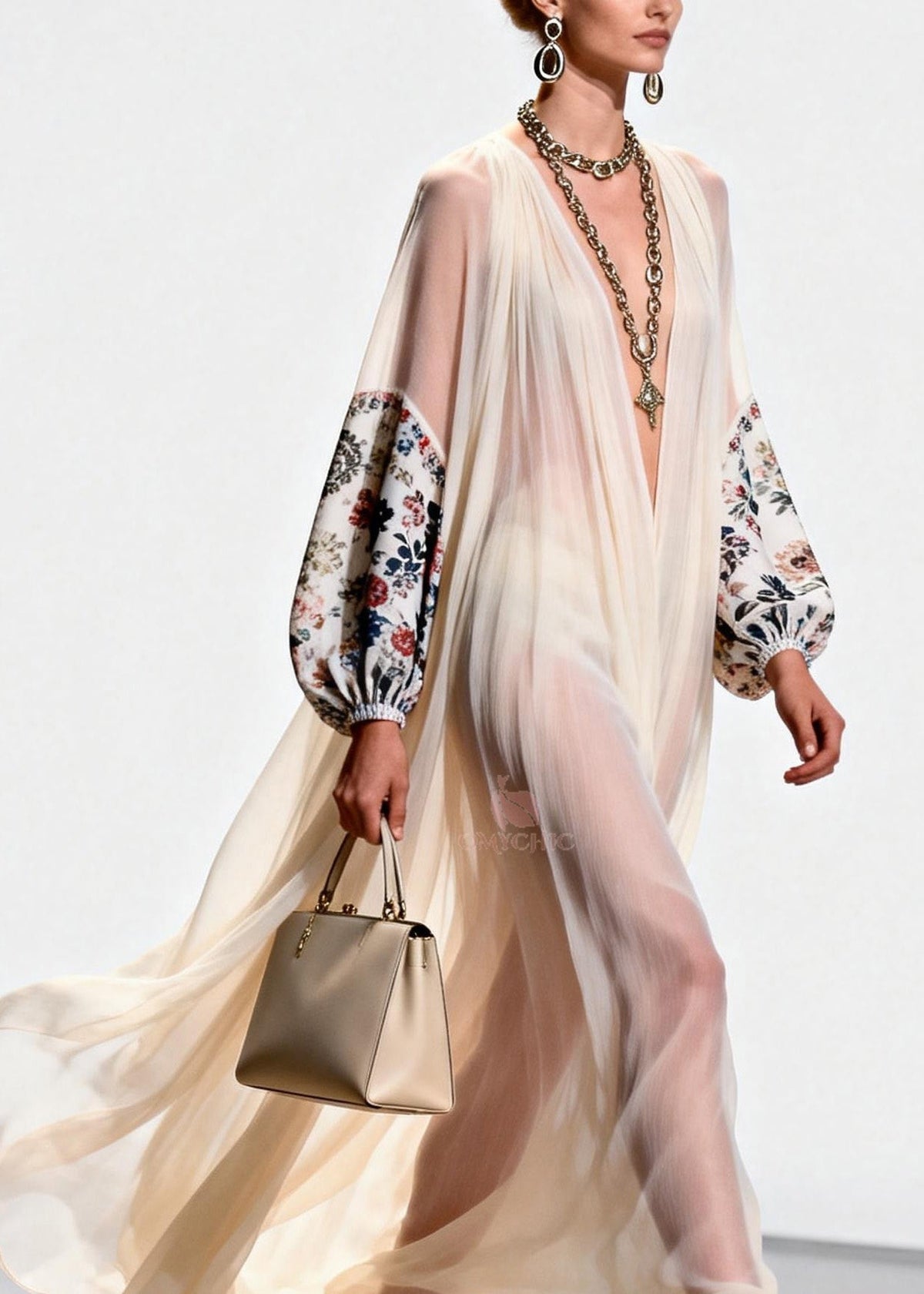 Floral Print Deep V-Neck Balloon Sleeve Sheer Pleated Maxi Gown - View 2