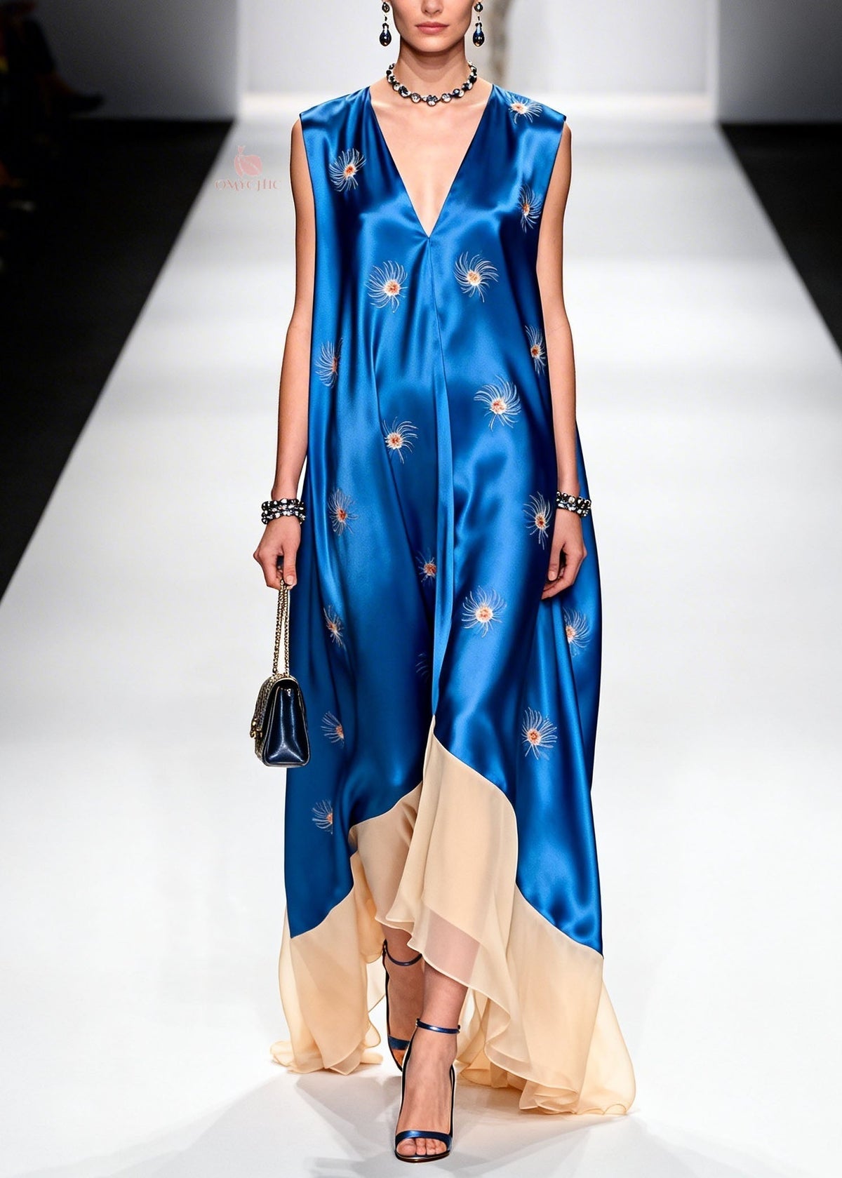 Satin Starburst Print Deep V-Neck Sleeveless Asymmetric Maxi Gown