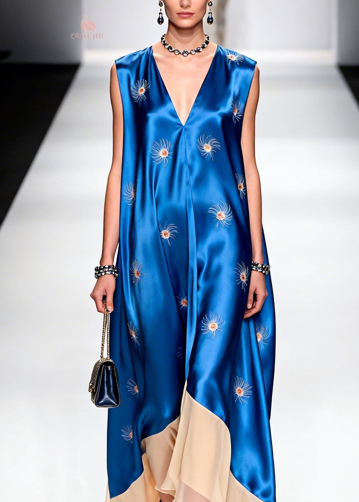 Satin Starburst Print Deep V-Neck Sleeveless Asymmetric Maxi Gown - View 2