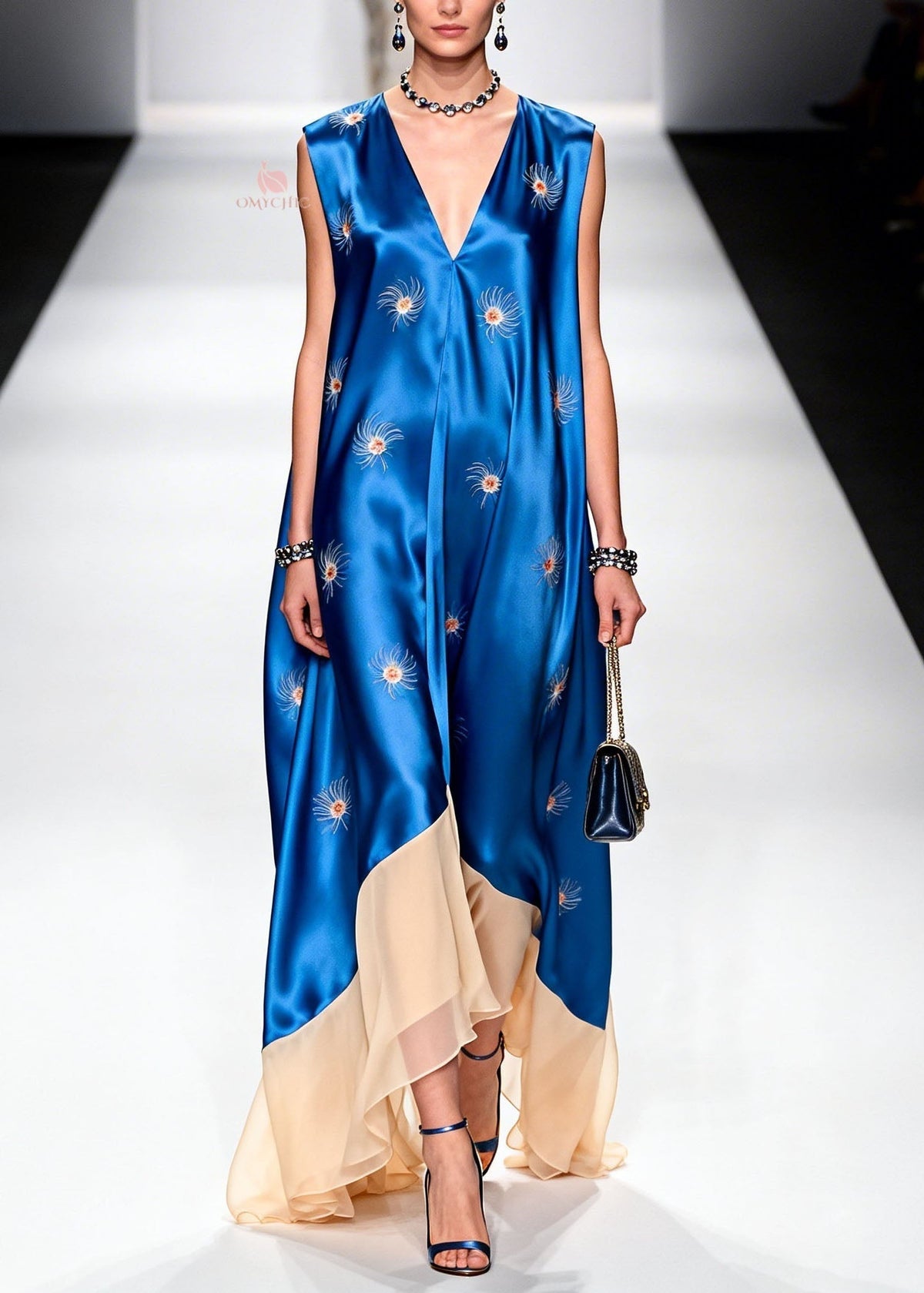 Satin Starburst Print Deep V-Neck Sleeveless Asymmetric Maxi Gown - View 3