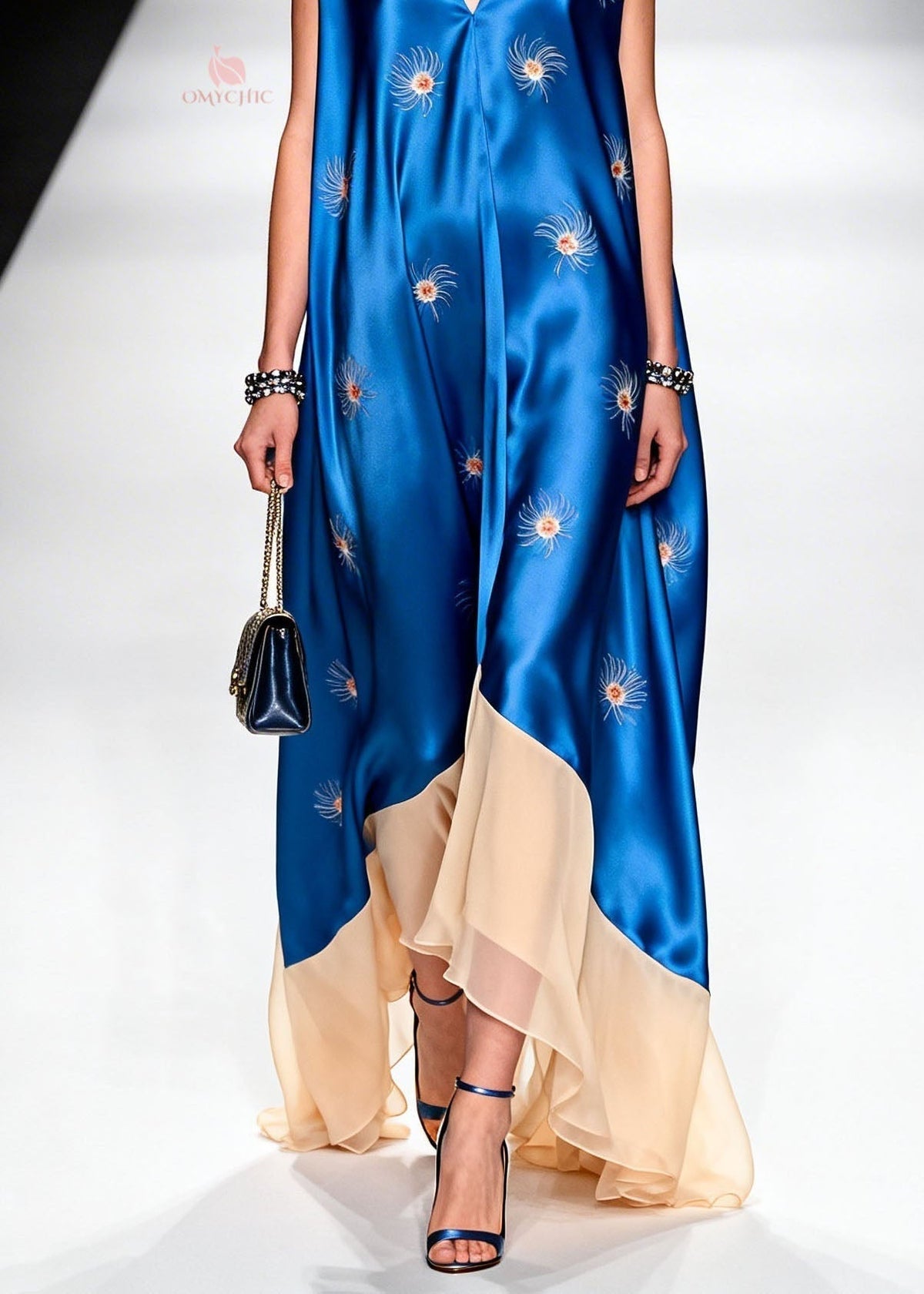 Satin Starburst Print Deep V-Neck Sleeveless Asymmetric Maxi Gown - View 4
