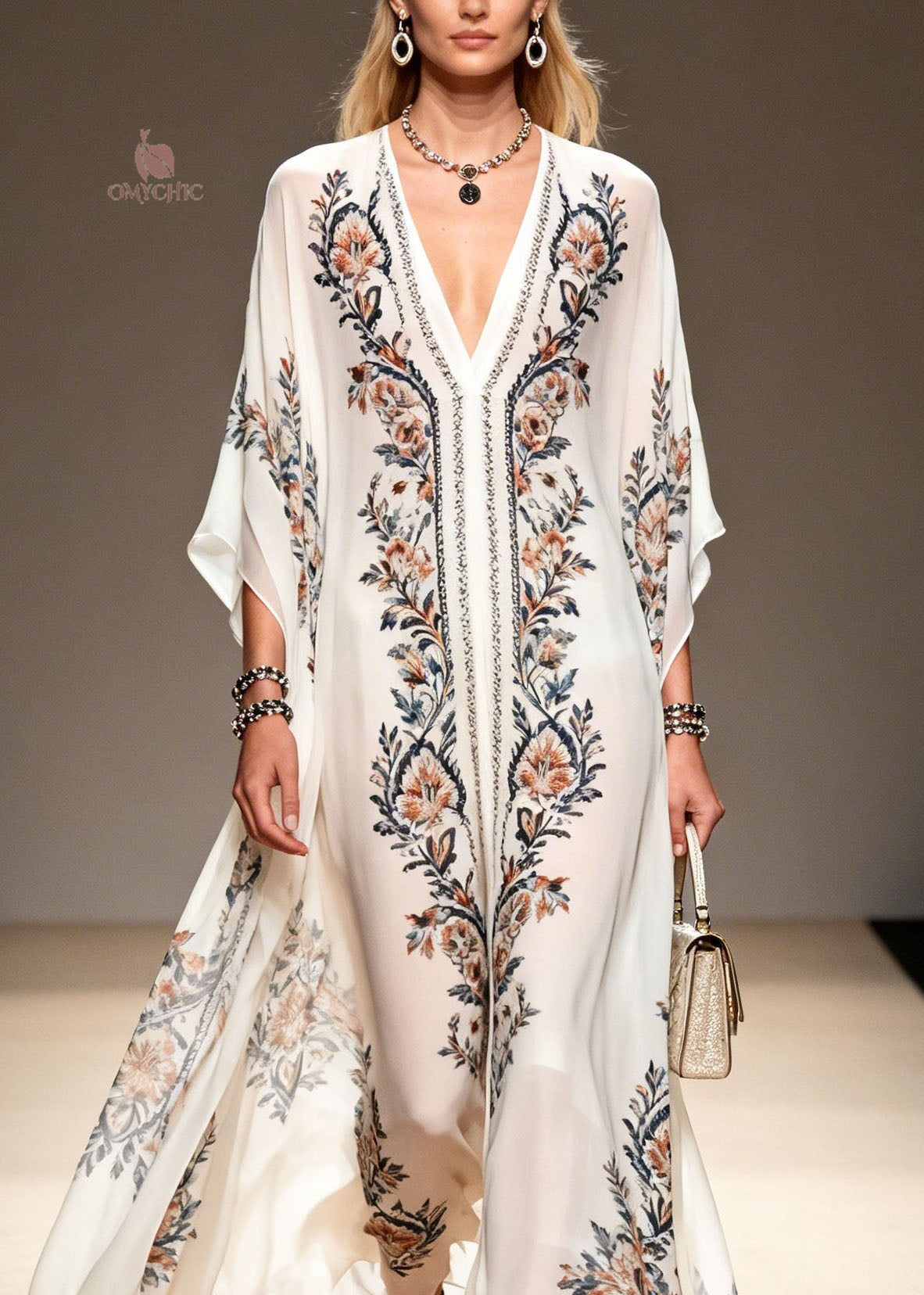 Chiffon V-Neck Kimono Sleeve Floral Print Wide Leg Kaftan Jumpsuit - View 2
