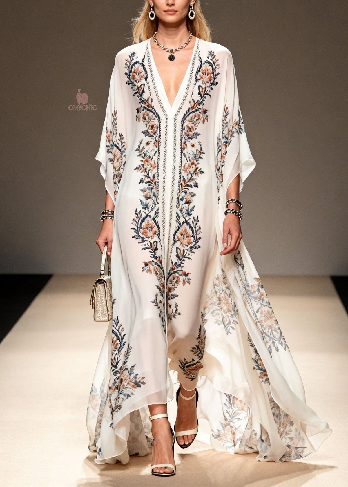 Chiffon V-Neck Kimono Sleeve Floral Print Wide Leg Kaftan Jumpsuit - View 3