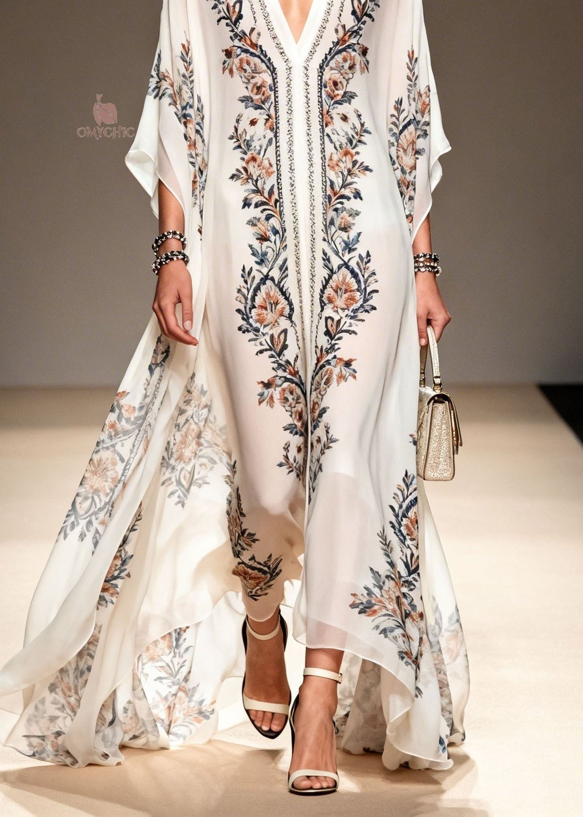 Chiffon V-Neck Kimono Sleeve Floral Print Wide Leg Kaftan Jumpsuit - View 4
