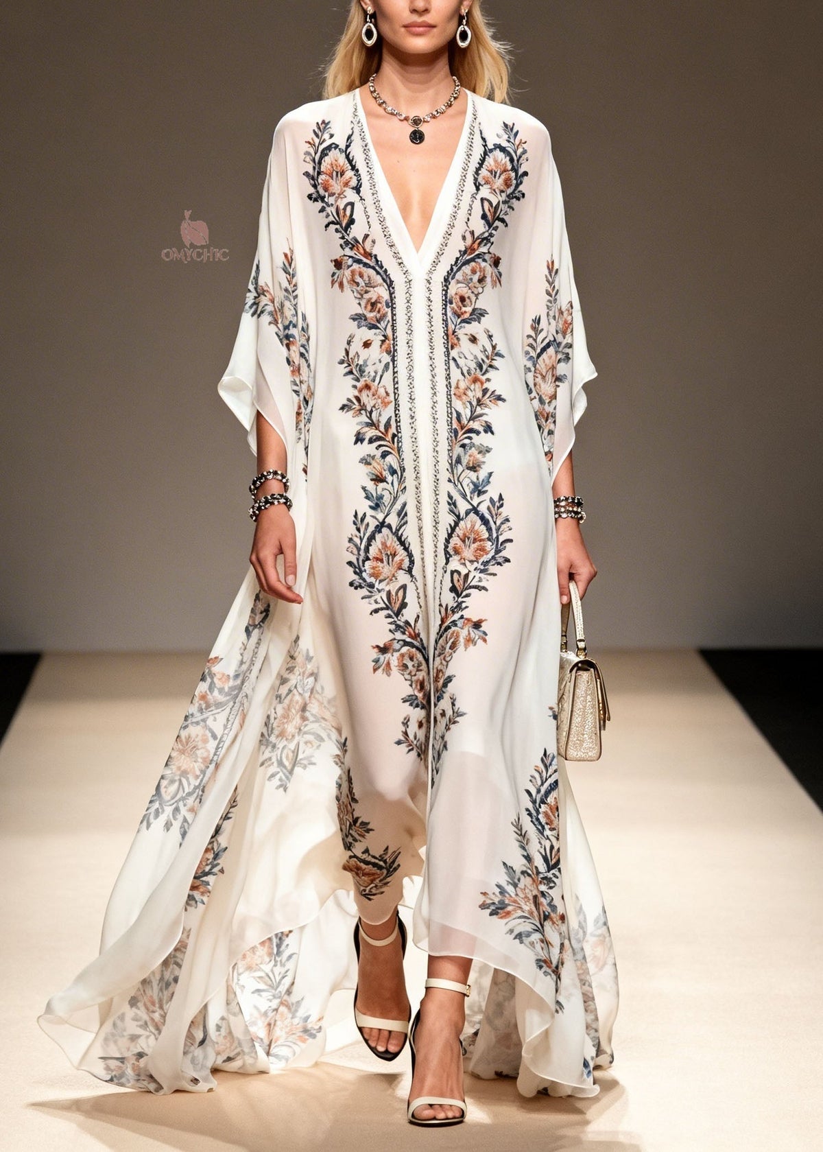 Chiffon V-Neck Kimono Sleeve Floral Print Wide Leg Kaftan Jumpsuit - View 5