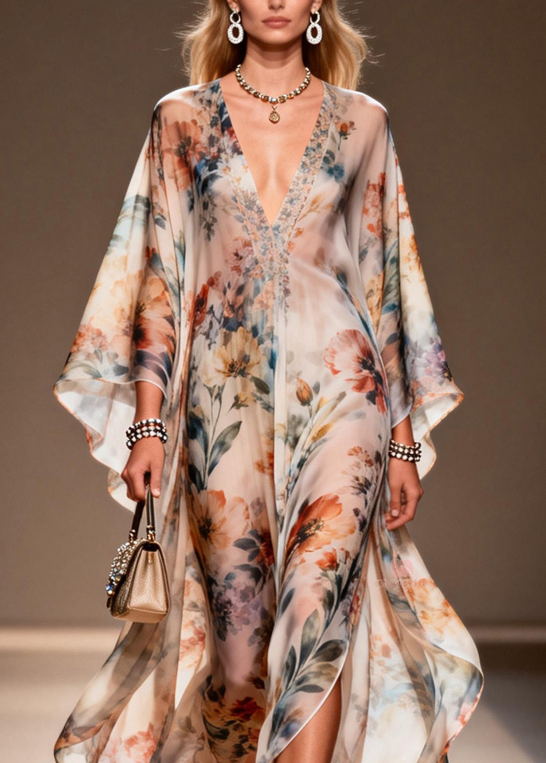 Floral Print Deep V-Neck Butterfly Sleeve Sheer Maxi Dress - View 2
