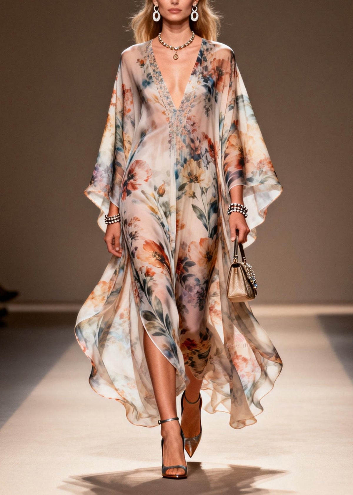Floral Print Deep V-Neck Butterfly Sleeve Sheer Maxi Dress - View 3
