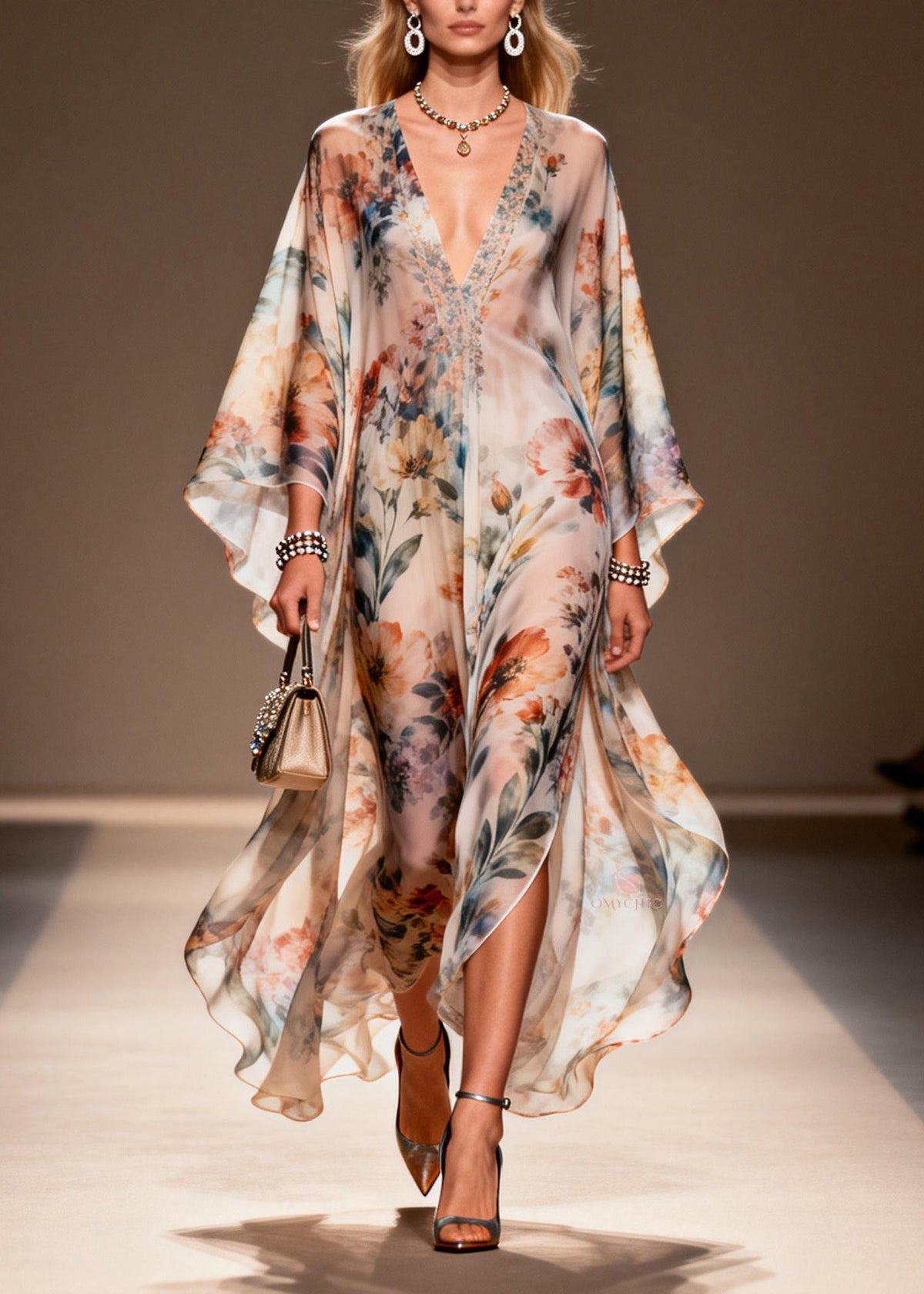 Floral Print Deep V-Neck Butterfly Sleeve Sheer Maxi Dress - View 5