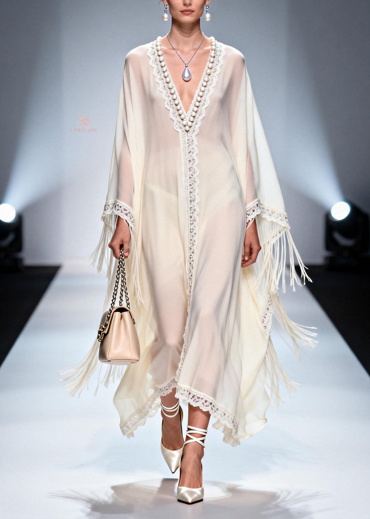 Chiffon Pearl Beaded Lace Trim Fringe Angel Sleeve Maxi Gown