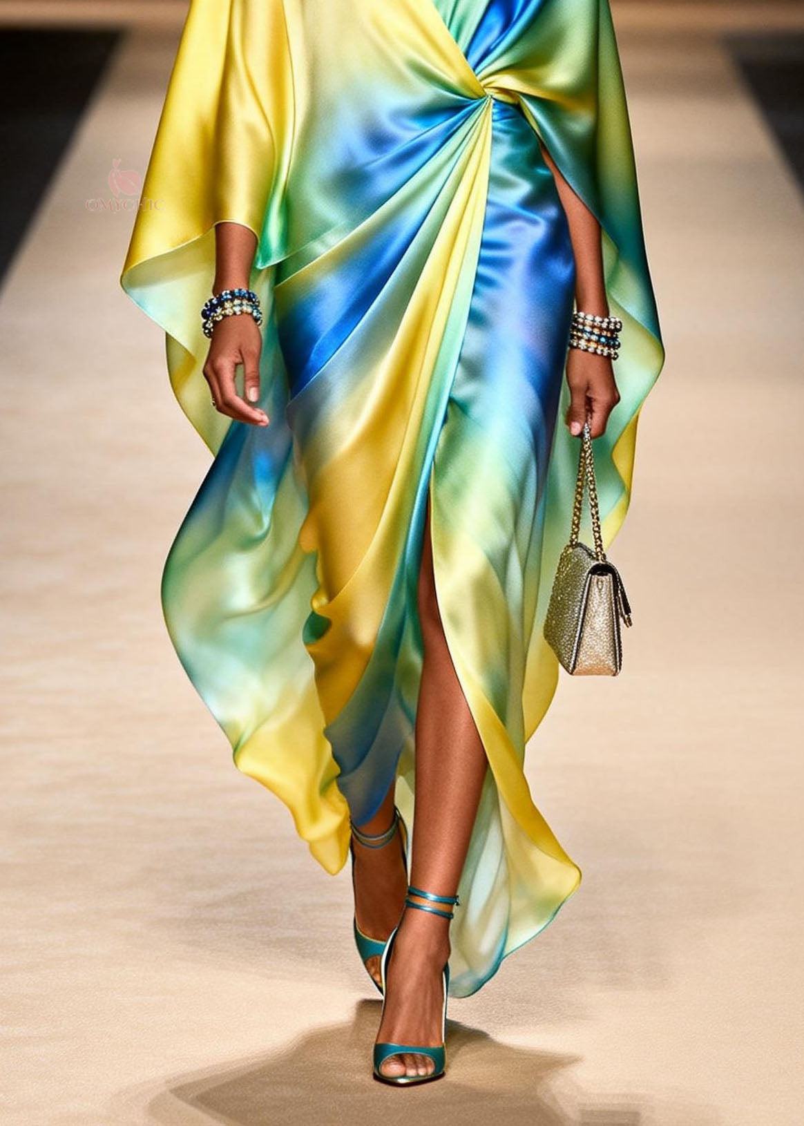 Satin Tie Dye Twisted Waist Deep V-Neck Cape Sleeve Maxi Gown - View 4