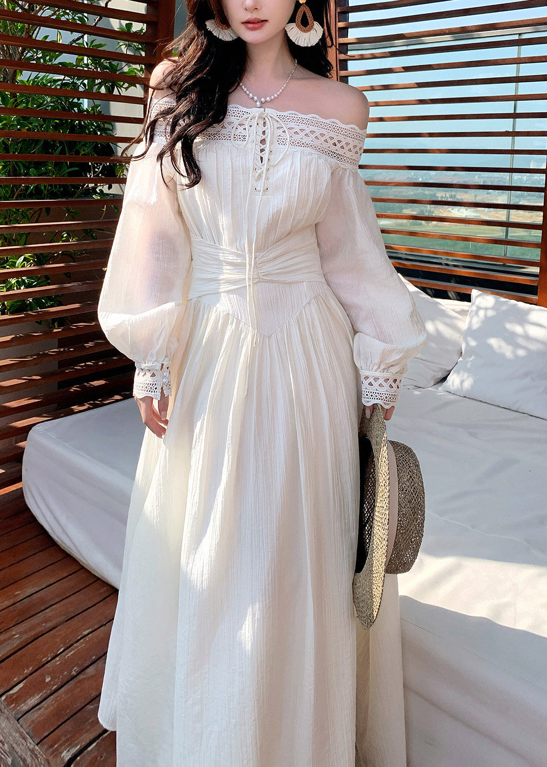 Lace Off Shoulder Lace Up Bishop Sleeve Ruched Waist Maxi Dress