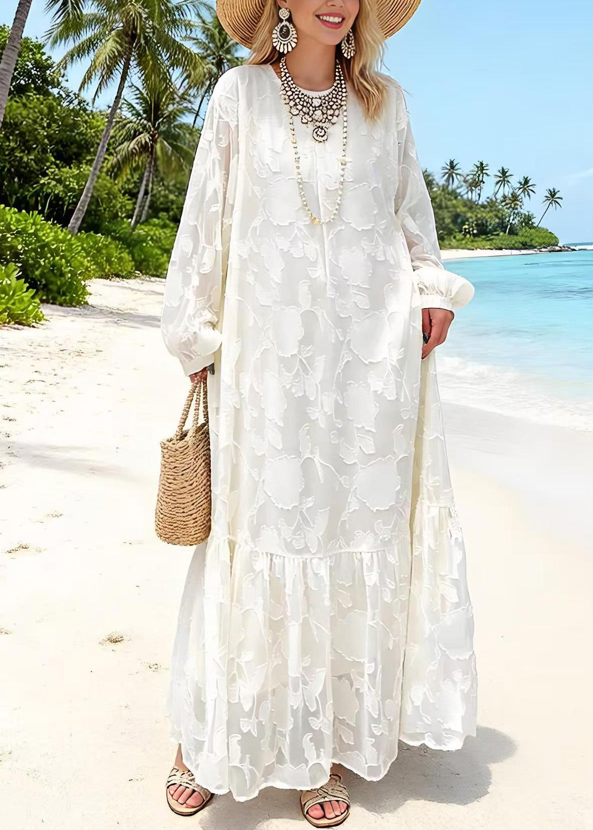 Floral Jacquard Round Neck Lantern Sleeve Tiered Ruffle Maxi Dress - View 3