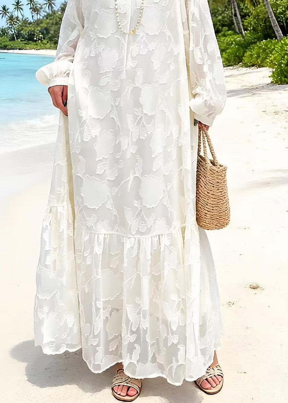 Floral Jacquard Round Neck Lantern Sleeve Tiered Ruffle Maxi Dress - View 4