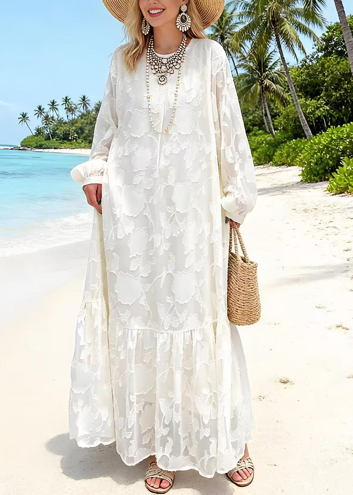 Floral Jacquard Round Neck Lantern Sleeve Tiered Ruffle Maxi Dress - View 5