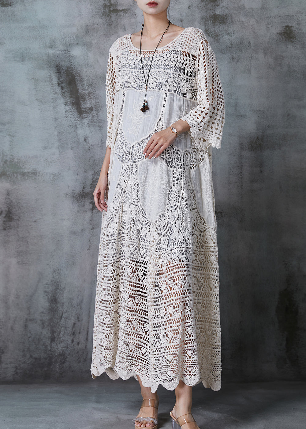 Crochet Lace Round Neck Three Quarter Sleeve Tiered Maxi Dress - View 3