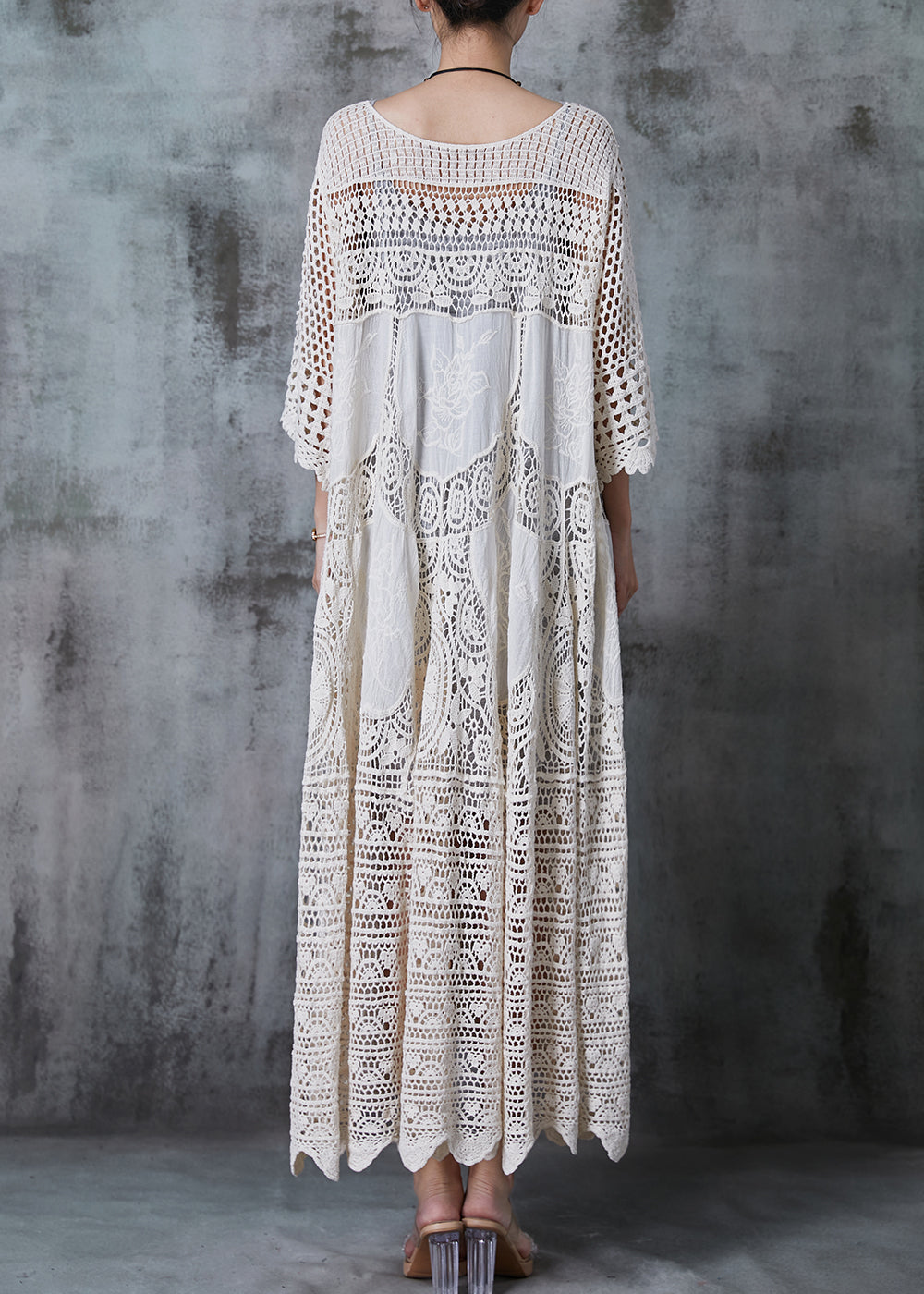 Crochet Lace Round Neck Three Quarter Sleeve Tiered Maxi Dress - View 4