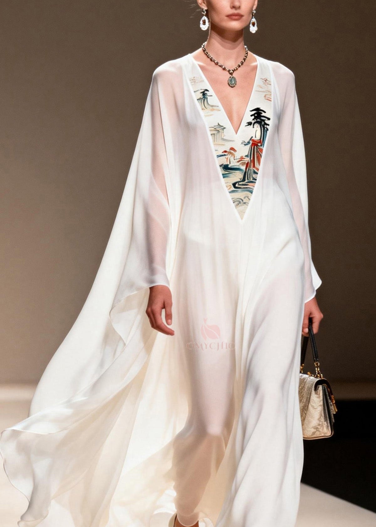 Pagoda Landscape Embroidered Panel Deep V-Neck Cape Maxi Gown - View 2