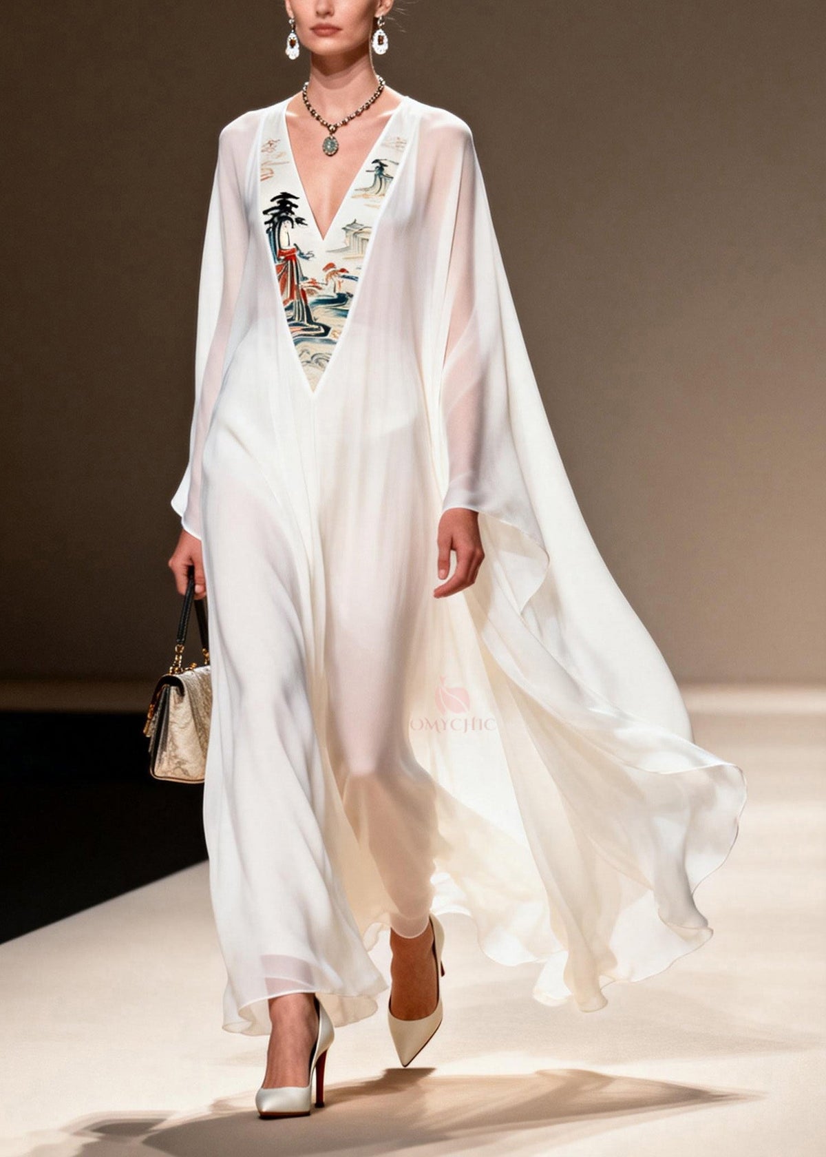 Pagoda Landscape Embroidered Panel Deep V-Neck Cape Maxi Gown - View 3
