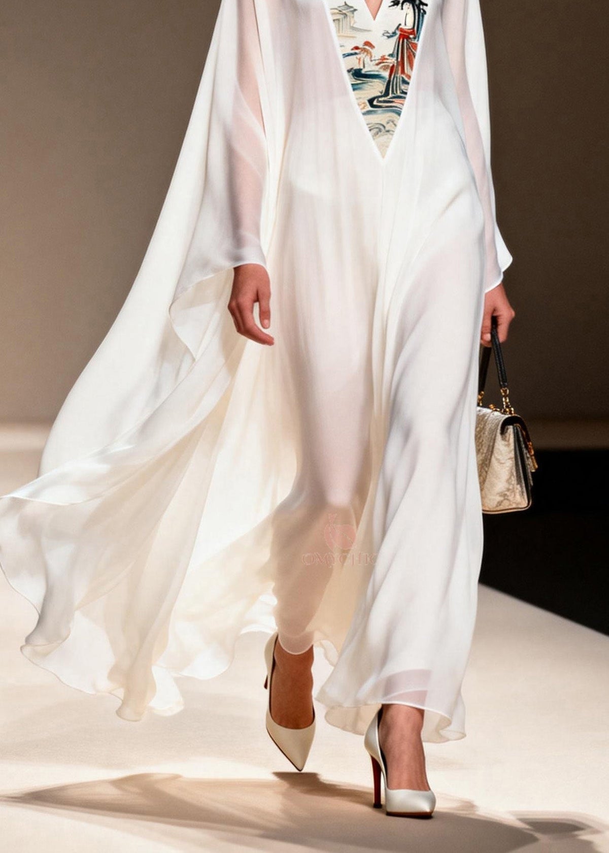 Pagoda Landscape Embroidered Panel Deep V-Neck Cape Maxi Gown - View 4