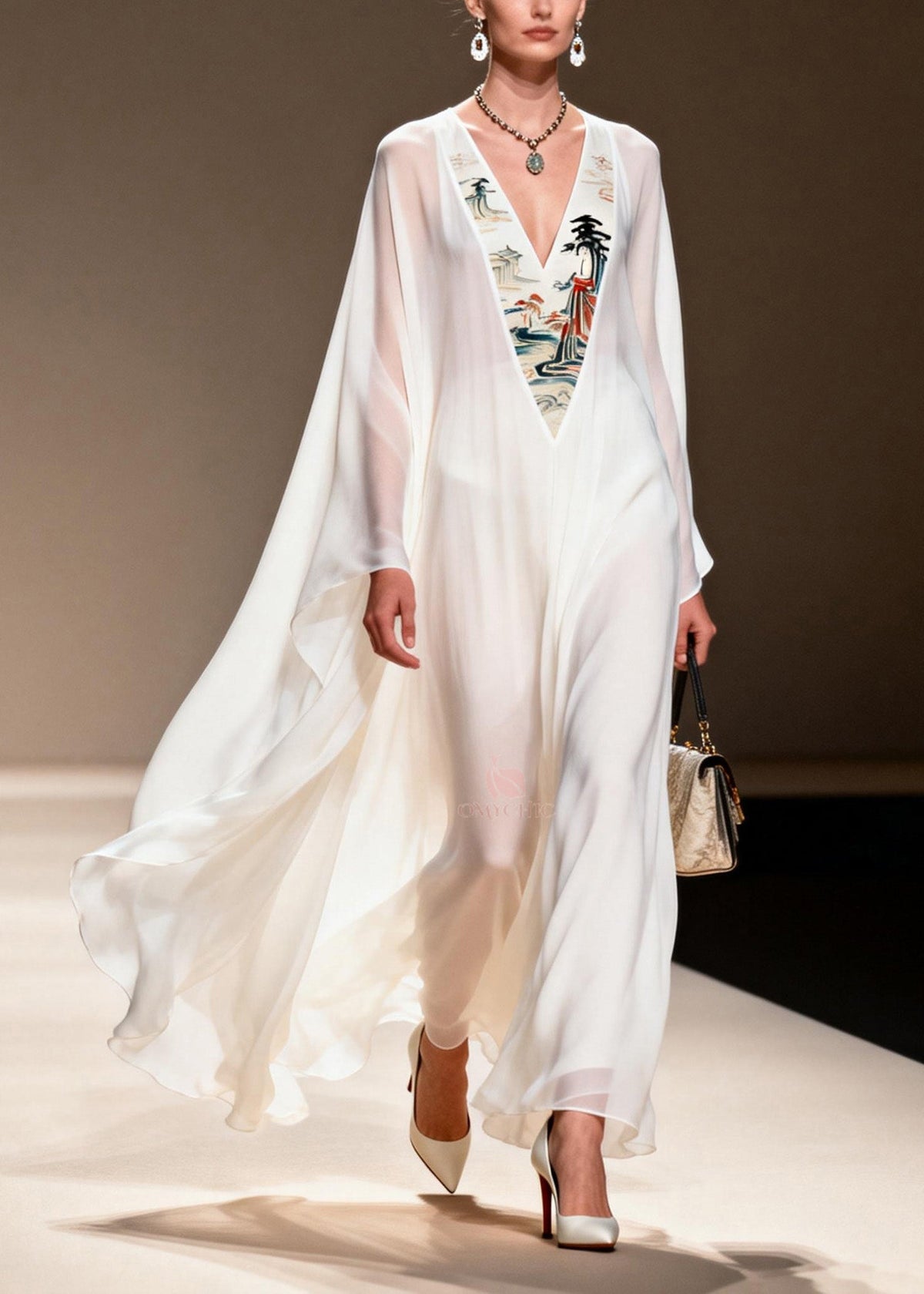 Pagoda Landscape Embroidered Panel Deep V-Neck Cape Maxi Gown - View 5