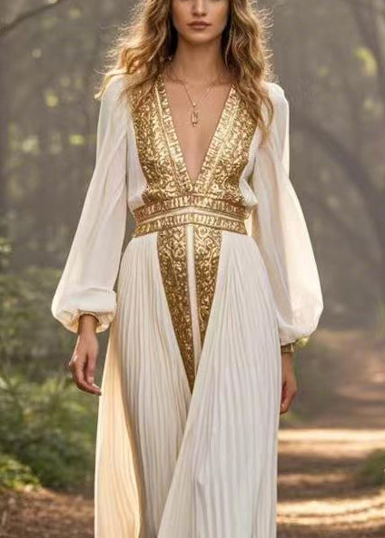 Metallic Embroidery Deep V-Neck Bishop Sleeve Accordion Maxi Gown - View 2