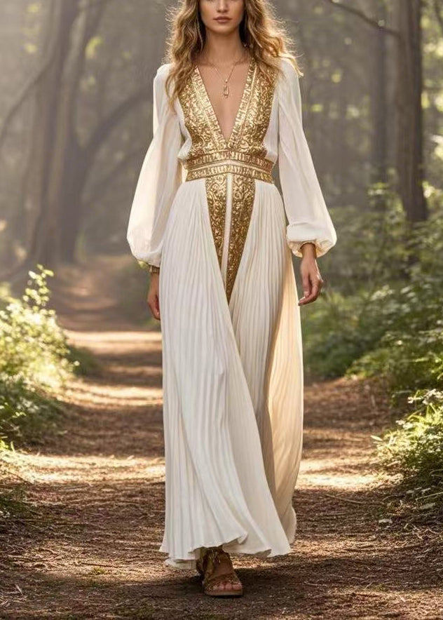 Metallic Embroidery Deep V-Neck Bishop Sleeve Accordion Maxi Gown - View 3