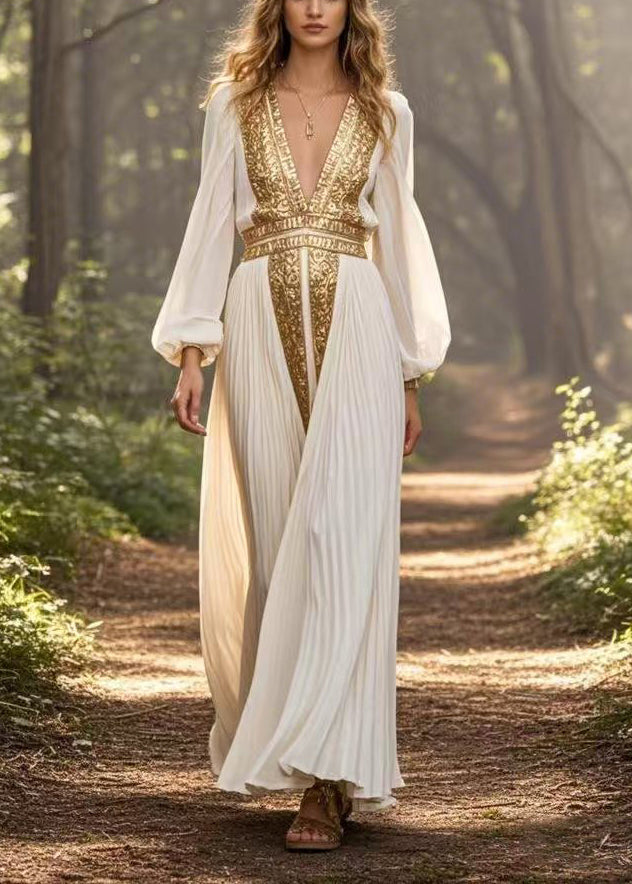 Metallic Embroidery Deep V-Neck Bishop Sleeve Accordion Maxi Gown - View 5