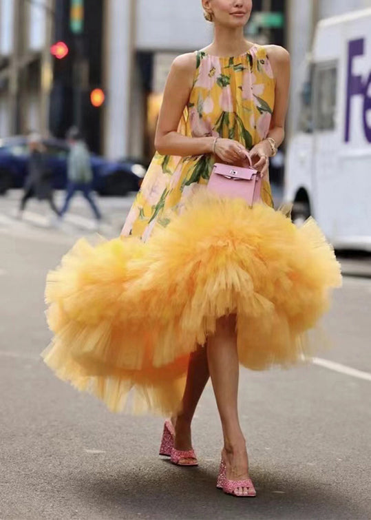 Floral Print Sleeveless High Neck Tulle Ruffle Hem Party Dress