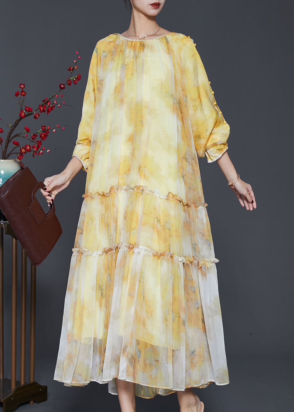 Women Yellow Ruffled Tie Dye Chiffon Maxi Dress Spring - View 2