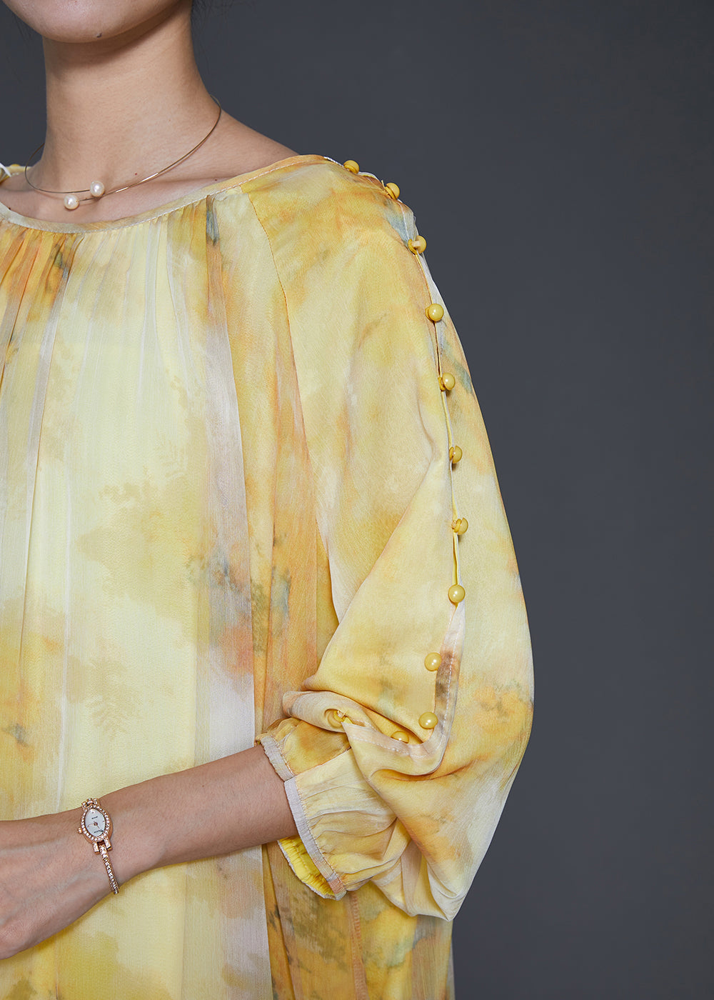 Women Yellow Ruffled Tie Dye Chiffon Maxi Dress Spring - View 5