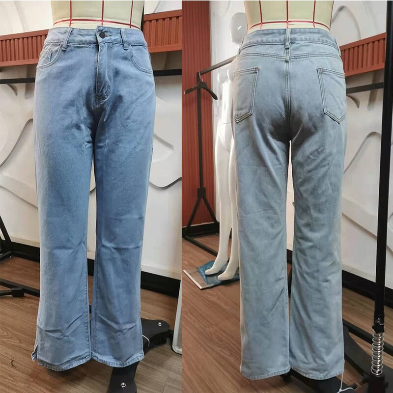 High Waist Straight Leg Side Split Hem Denim Jeans 4