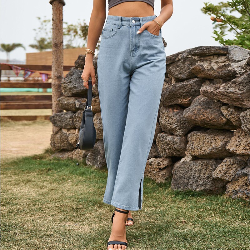 High Waist Straight Leg Side Split Hem Denim Jeans 3
