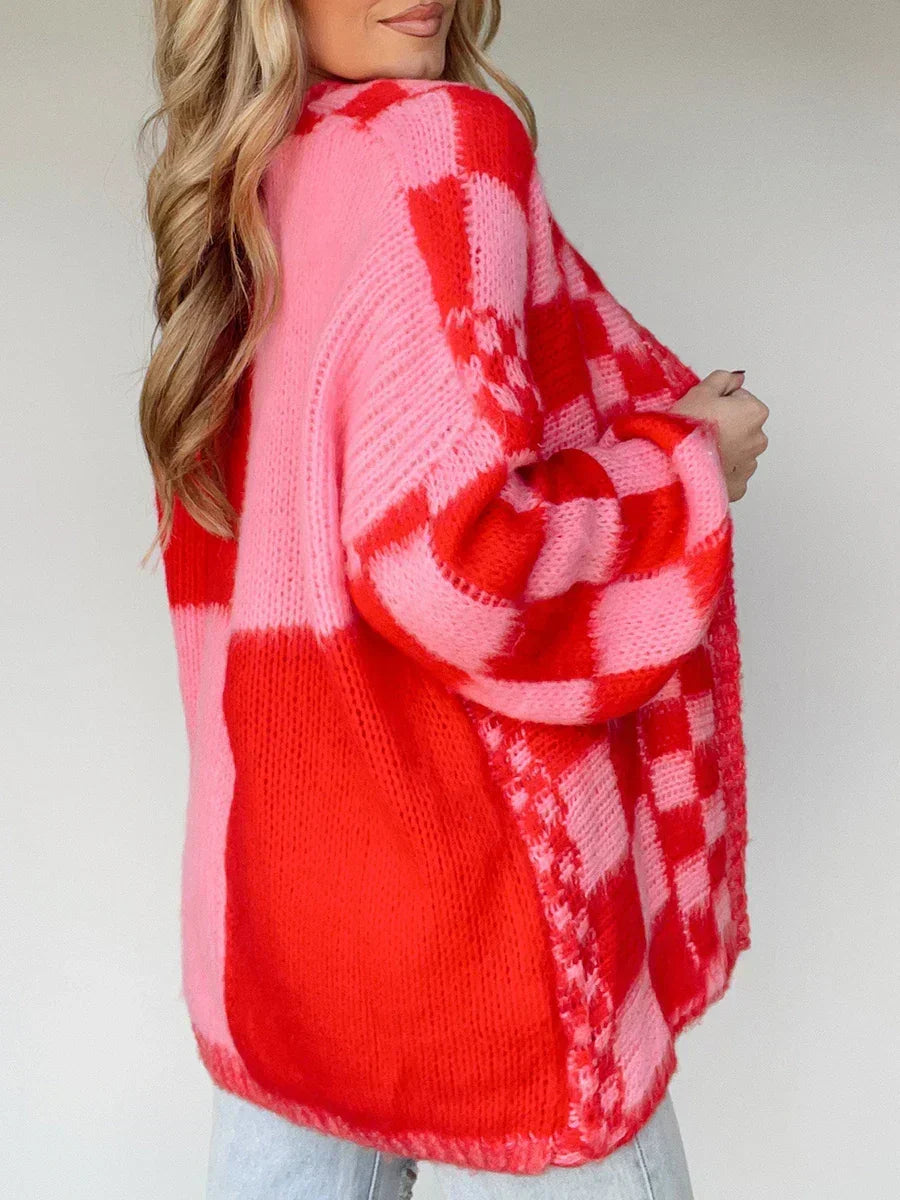 Checkered Loose Long Sleeve Open Front Cardigan Pink / S