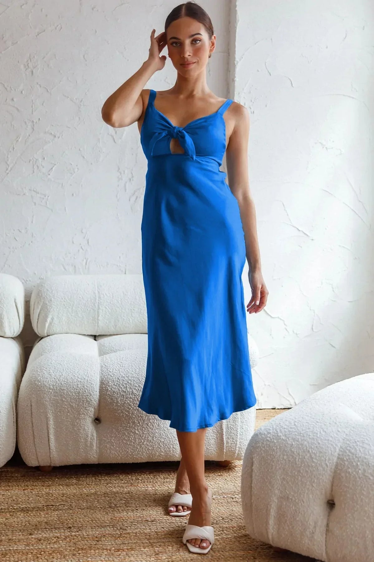 Pink Lace Satin Slim Midi Dress - View 7