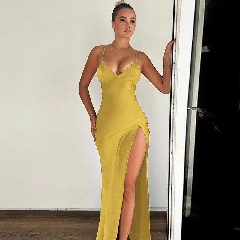 Satin V-Neck Spaghetti Strap High Split Slip Maxi Dress - View 2