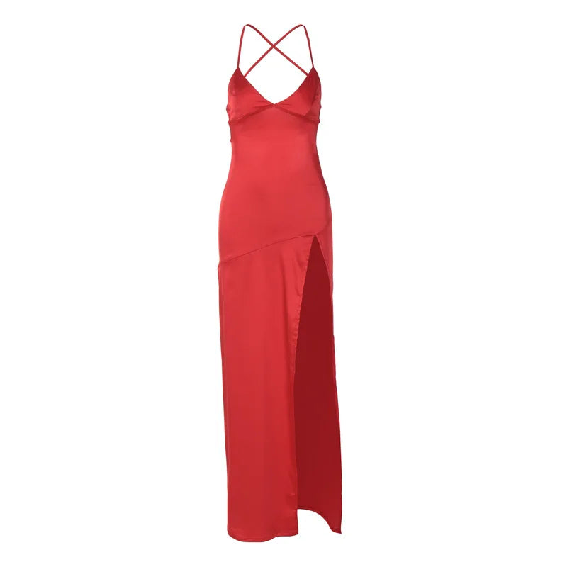 Satin V-Neck Spaghetti Strap High Split Slip Maxi Dress - View 6