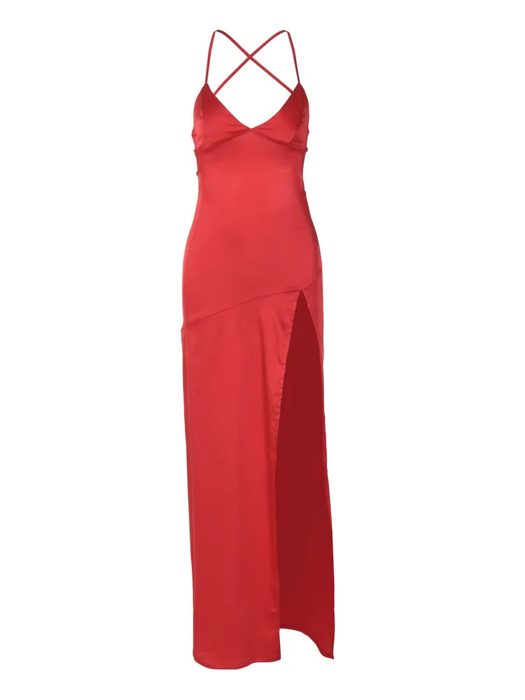 Satin V-Neck Spaghetti Strap High Split Slip Maxi Dress - View 7