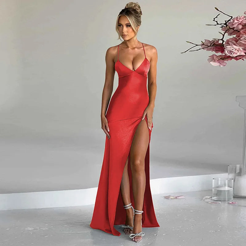 Satin V-Neck Spaghetti Strap High Split Slip Maxi Dress - View 4