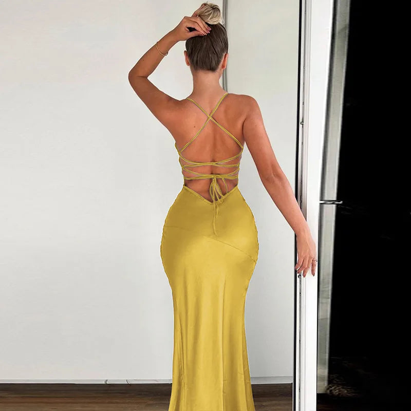Satin V-Neck Spaghetti Strap High Split Slip Maxi Dress - View 5